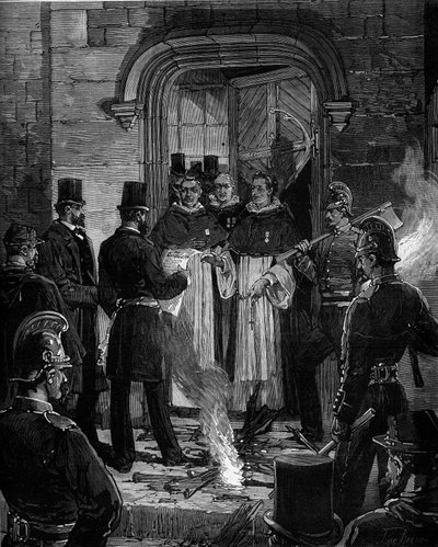 Expulsion des Dominicains de la rue de Jean de Beauvais à Paris suite aux décrets de mars 1880 pris par Jules Ferry et supprimant le droit d