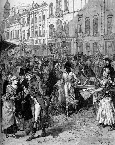 Célébration historique de la commémoration du siège de Lille en 1792 : la Braderie Watteau (grande foire) dans les rues de la ville avec les habitants à la mode du XVIIIe siècle. Gravure de De Haenen dans "Le Monde Illustré" n°1334 du 21 octobre - Frederic de Haenen