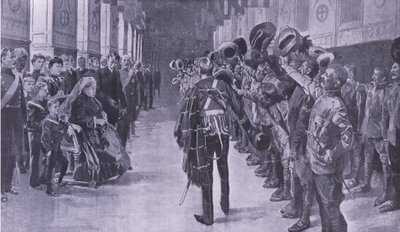 La reine Victoria inspectant les coloniaux invalides dans la salle St Georges, Windsor, illustration de Après Pretoria : La guerre de guérilla, 1902 - Frederic de Haenen