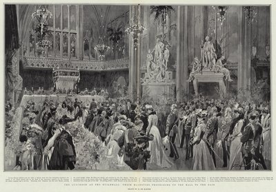 Le déjeuner au Guildhall, Leurs Majestés montant le Hall jusqu
