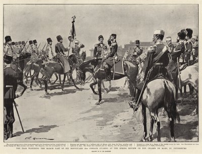 Le tsar regardant le défilé de sa garde du corps (2e gardes cosaques) lors de la revue de printemps sur le Champ de Mars, Saint-Pétersbourg - Frederic de Haenen