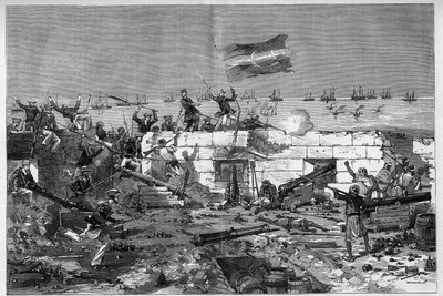 Tunisie, juillet 1881 : les troupes françaises prennent la ville de Sfax suite à la révolte des habitants contre le protectorat français de Tunisie. Les fusiliers marins prennent la batterie circulaire. Gravure de De Haenen dans « Le Monde Illustré » n°127 - Frederic de Haenen