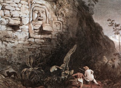 Chasseur et son guide devant la tête maya d