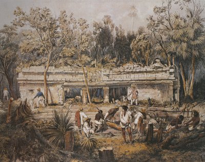 Les archéologues Frederick Catherwood et John Lloyd Stephens mesurant le temple de Tulum, Yucatan, Mexique, illustration de 
