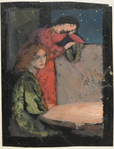 Deux filles à une table regardant une nuit étoilée - Frederick Cayley Robinson