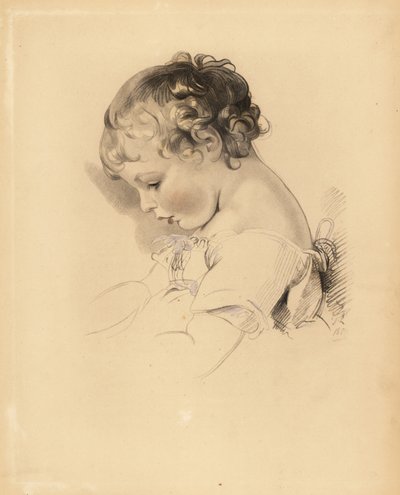 Portrait de Henry Bloxam, neveu de Sir Thomas Lawrence. Garçon en robe avec un ruban bleu. Gravure à la main par Frederick Christian Lewis d