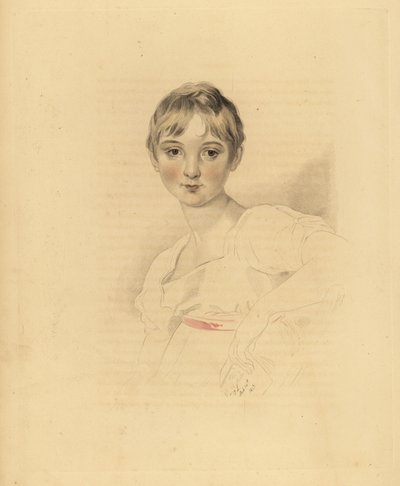 Portrait de Lucy Meredith, nièce de Sir Thomas Lawrence. Jeune fille pré-adolescente en robe blanche avec ceinture en ruban rose. Gravure colorée à la main par Frederick Christian Lewis d
