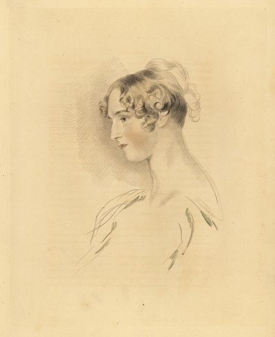 Portrait de Mary Isabella Bloxam jeune femme, nièce de Sir Thomas Lawrence. Avec ses cheveux relevés et bouclés, en robe décolletée. Gravure de Frederick Christian Lewis d