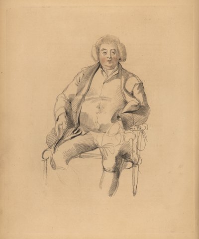 Portrait du père de Sir Thomas Lawrence, aubergiste Thomas Lawrence. Homme corpulent en perruque assis sur une chaise. Gravure à la main par Frederick Christian Lewis d