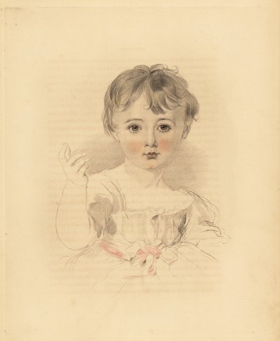 Portrait de Thomas Lawrence Bloxam, neveu de Sir Thomas Lawrence. En robe nouée avec un ruban rose. Gravure à la main par Frederick Christian Lewis d