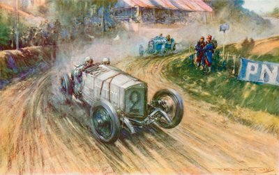 Lautenschlager avec la Mercedes allemande et Boillot avec la Peugeot française dans leur grande lutte pendant le Grand Prix de 1914 - Frederick Gordon (after) Crosby