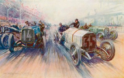 La Mercedes blanche de Lautenschlager au Grand Prix de 1908, une course où les pneus ont été dépensés en grande quantité - Frederick Gordon (after) Crosby