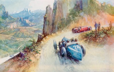 La Bugatti suralimentée de 2 litres de Materassi dépassant une Maserati sur le parcours sinueux du Targa Florio 1927 - Frederick Gordon (after) Crosby