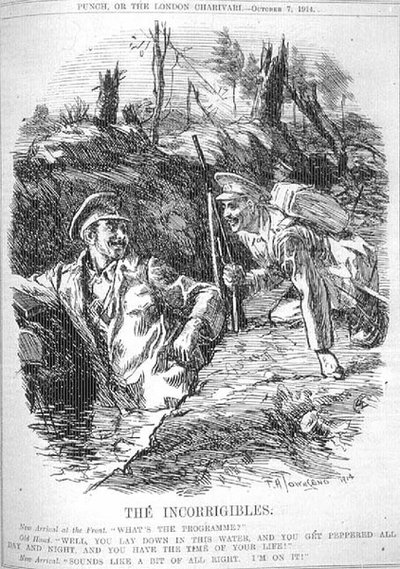 Les Incorrigibles. Nouvel arrivant au Front; "Quel est le programme?", Ancien; "Eh bien, tu te couches dans cette eau, et tu te fais poivrer toute la journée et toute la nuit, et tu passes le meilleur moment de ta vie!" Nouvel arrivant; "Ça a l