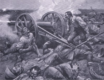 La défense de Dewetsdorp : manœuvrer un canon de 15 livres seul, illustration de Après Pretoria : La Guerre de guérilla - Frederick Judd Waugh