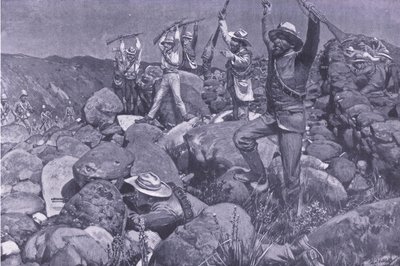 La reddition feinte qui a attiré les Liverpools dans une position désespérée, illustration de Après Pretoria : La guerre de guérilla, 1902 - Frederick Judd Waugh