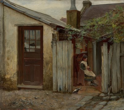 Fille avec un oiseau devant la boulangerie de King Street. 1886 - Frederick McCubbin