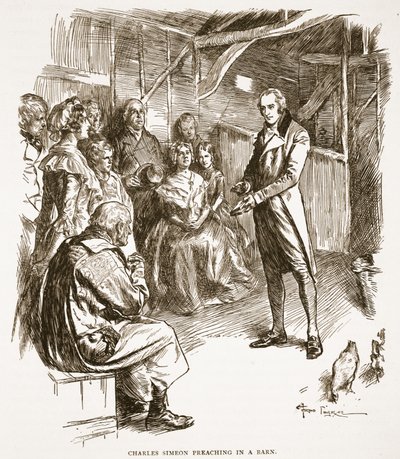 Charles Simeon prêchant dans une grange, illustration de 