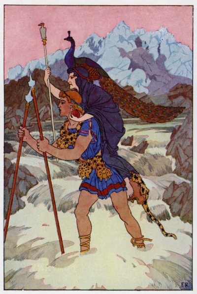 Soulevant la vieille femme du sol, Jason entra hardiment dans le courant rageur et écumeux - Frederick Richardson