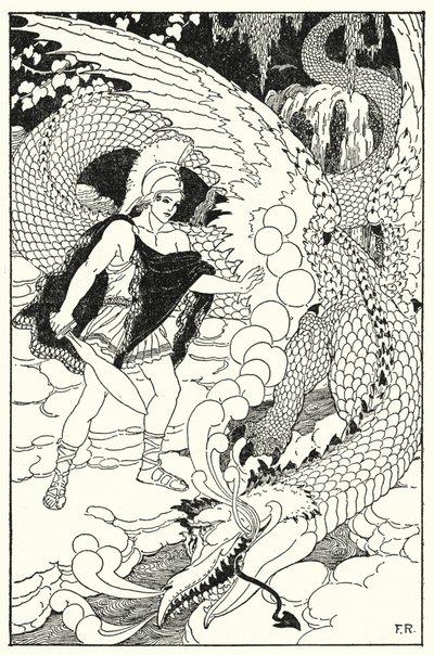 Quand le dragon aperçut Cadmus, il poussa un autre sifflement abominable - Frederick Richardson