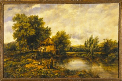 Paysage fluvial avec un pêcheur près d