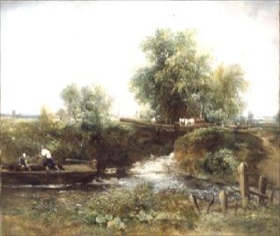 Rivière avec chevaux traversant et esquif - Frederick Waters Watts
