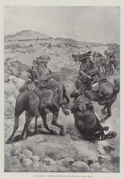 Sur les talons des Boers, infanterie montée attaquant un train de wagons - Frederick William Burton