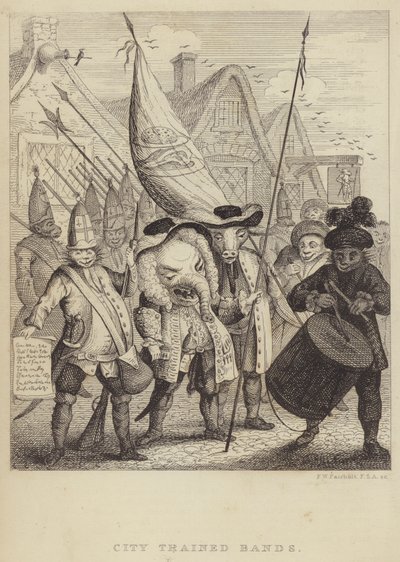 City Trained Bands : satire sur les milices associées à la City de Londres et la panique générée par la rébellion jacobite de 1745 (gravure) - Frederick William Fairholt