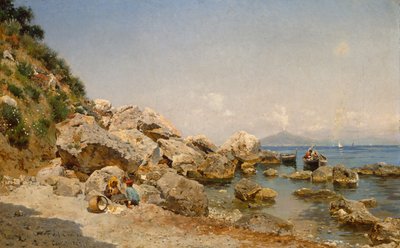 Sur la plage, Capri avec le Vésuve en arrière-plan - Frederico del Campo