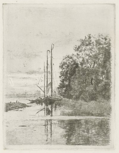 Vue de rivière avec deux bateaux et une barque - Fredericus Jacobus van Rossum du Chattel (signed by artist)