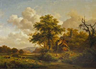 Un paysage tranquille avec des femmes se lavant au bord d