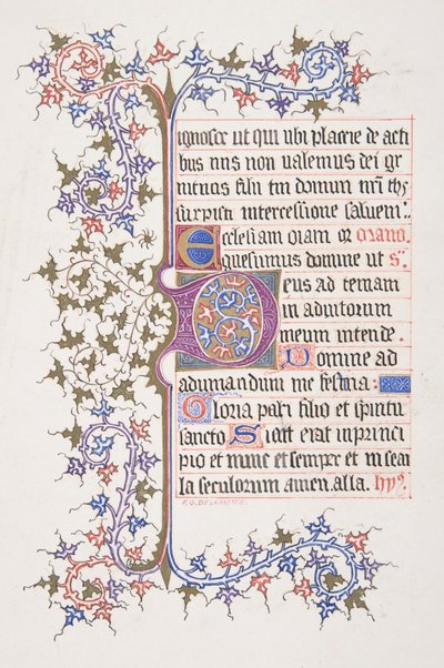 Feuille illuminée avec initiale E recto, bordure de vigne verso - Freeman Gage Delamotte