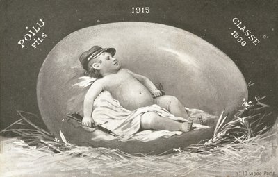 1915, carte de Pâques montrant un bébé soldat déjà armé dans un œuf - French Photographer