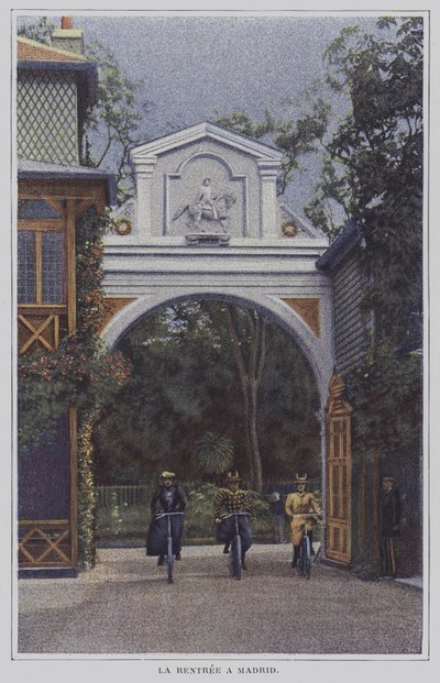 Cyclistes revenant au Château de Madrid dans le Bois de Boulogne, Paris, après une balade (photo couleur) - French Photographer