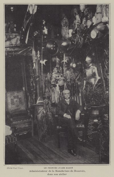 Peintre français Jules Badin, directeur de la manufacture de tapisseries de Beauvais, dans son atelier - French Photographer