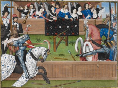 Chevaliers jouteurs à un tournoi médiéval. Une lance est cassée. - French School