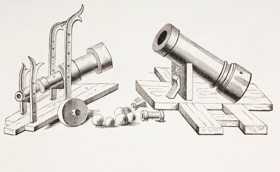 Canons du XVe siècle, avec affût fixe (à droite) et affût roulant (à gauche) de Les Arts au Moyen Âge, publié en 1873 - French School