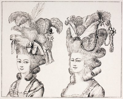 Filles françaises du XVIIIe siècle portant des coiffures et des chapeaux extravagants, 1875 - French School