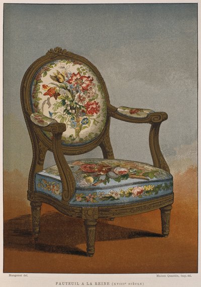 Fauteuil à la reine du 18ème siècle avec tapisserie fleurie, illustration du Dictionnaire de l