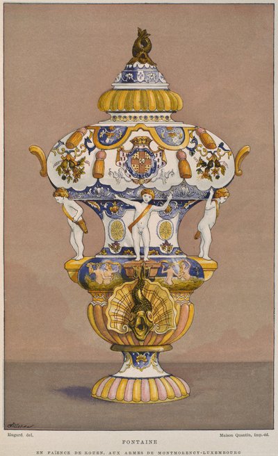 Fontaine en faïence du 18ème siècle avec les armoiries de Montmorency Luxembourg, fabriquée à Rouen, illustration du Dictionnaire de l