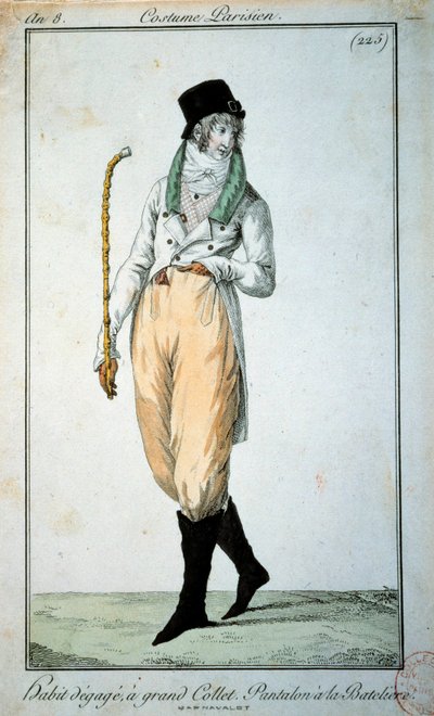 Mode du 18ème siècle : Costume parisien avec grand col, pantalons avec bottes. Paris, Musée du Costume - French School