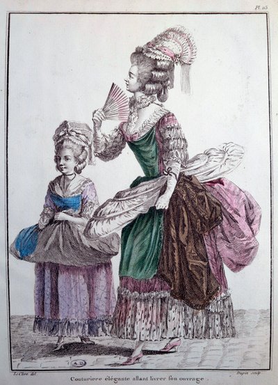 Mode du 18ème siècle : une créatrice élégante livrant son travail, un jupon garni de baleines utilisé pour soutenir la robe des femmes. Gravure de 1778 Paris, arts décoratifs - French School
