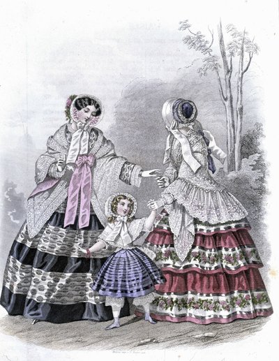 2 femmes à la mode avec une fille en promenade - dans « Journal des Demoiselles » 1852 - French School