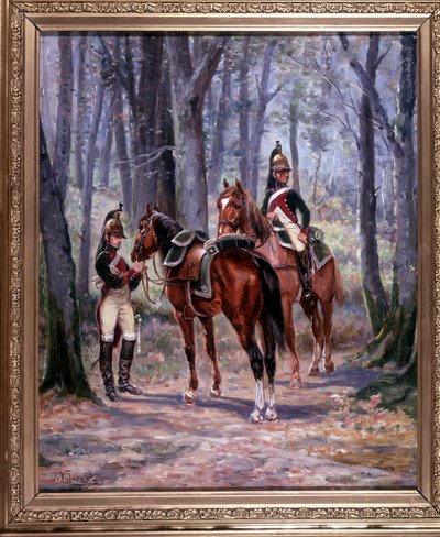 2 cavaliers des 8ème Dragons, partis en éclaireurs, peinture 65 x 58 cm, huile sur toile par De Villeneuve, peintre militaire fin 19ème siècle - French School
