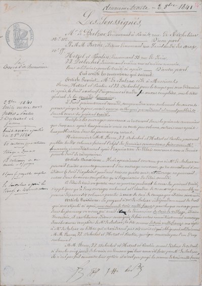 2e document de contrat relatif à La Comédie Humaine entre Honoré de Balzac (1799-1850) et Hetzel, Paulin, Dubochet et l