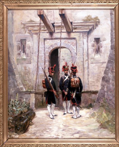 3 artilleurs en conversion, peinture 65 x 58 cm, huile sur toile par De Villeneuve, peintre militaire fin XIXe siècle - French School