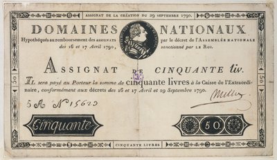 Billet de banque de 50 livres, 29 octobre 1790 - French School