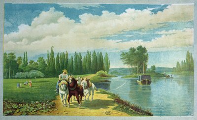 Une péniche tirée par des chevaux, fin du 19e siècle - French School