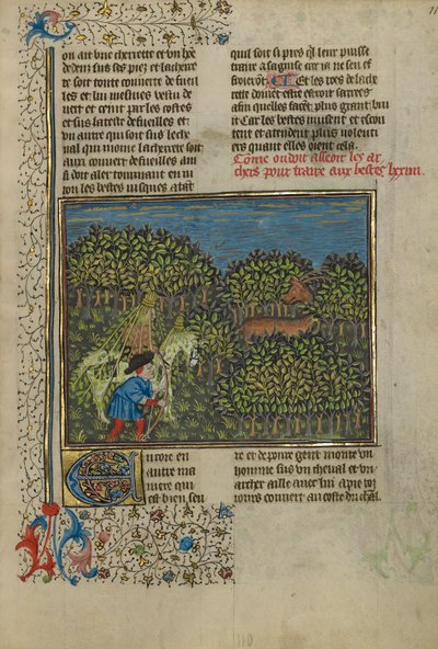 Un cavalier camouflé et un archer approchant un cerf, c.1430-40 - French School