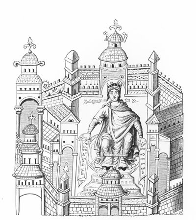 Un roi carolingien dans son palais, personnifiant la Sagesse appelant toute la race humaine, d
